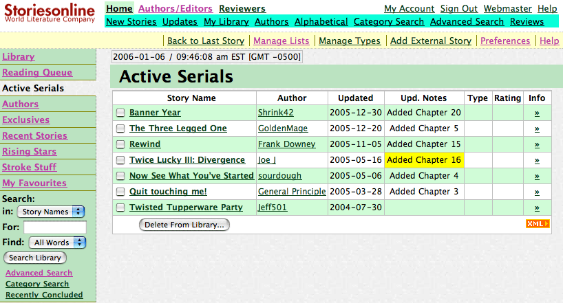 screen shot of the active serials list