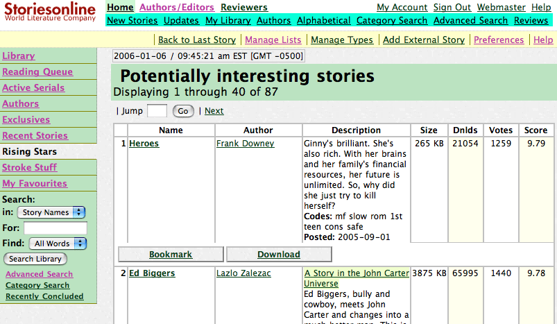screen shot of the rising star stories list