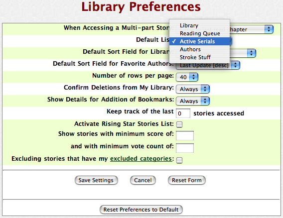 screen shot of selecting the active serials list as default
